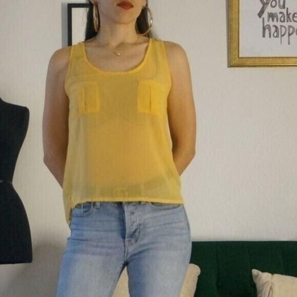 Curiosity Tops - Yellow Sleeveless Scoop Neck Sheer Top Size S